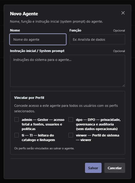 Formulário de Novo Agente com nome, função, instrução inicial e vínculo por perfil