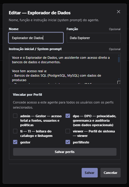 Formulário de Editar Agente com instruções e perfis vinculados