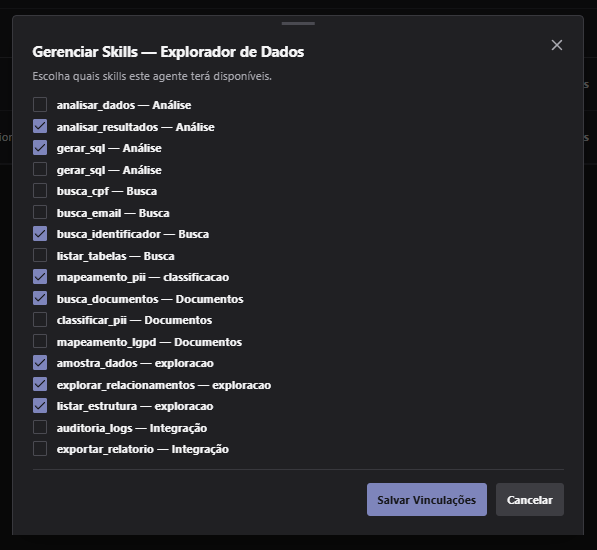 Painel Gerenciar Skills de um agente com lista de capacidades selecionáveis