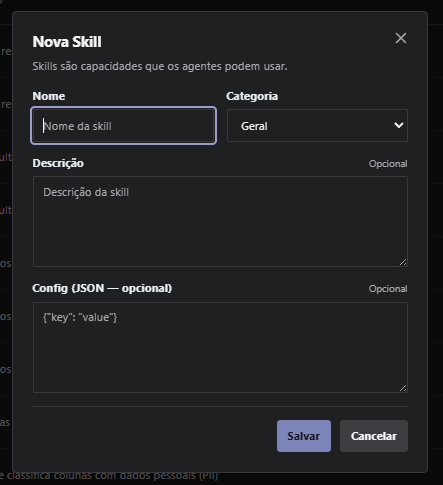 Formulário Nova Skill com nome, categoria, descrição e configuração opcional