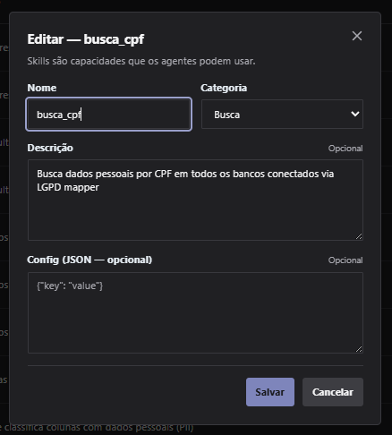 Formulário Editar Skill com nome, categoria, descrição e configuração opcional