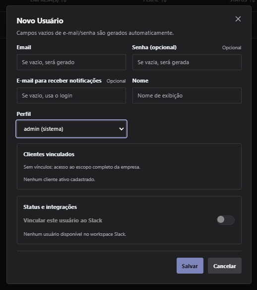 Formulário de novo usuário com e-mail, senha, nome e perfil