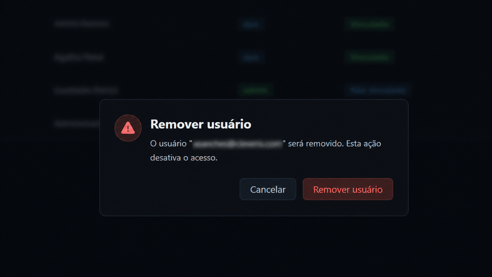 Diálogo de confirmação para remover um usuário