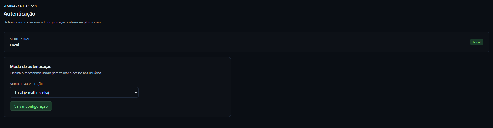 Tela de Autenticação com modo atual Local e seletor de modo