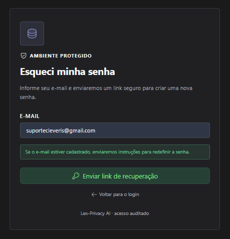 Tela de recuperação de senha com e-mail preenchido e mensagem informativa