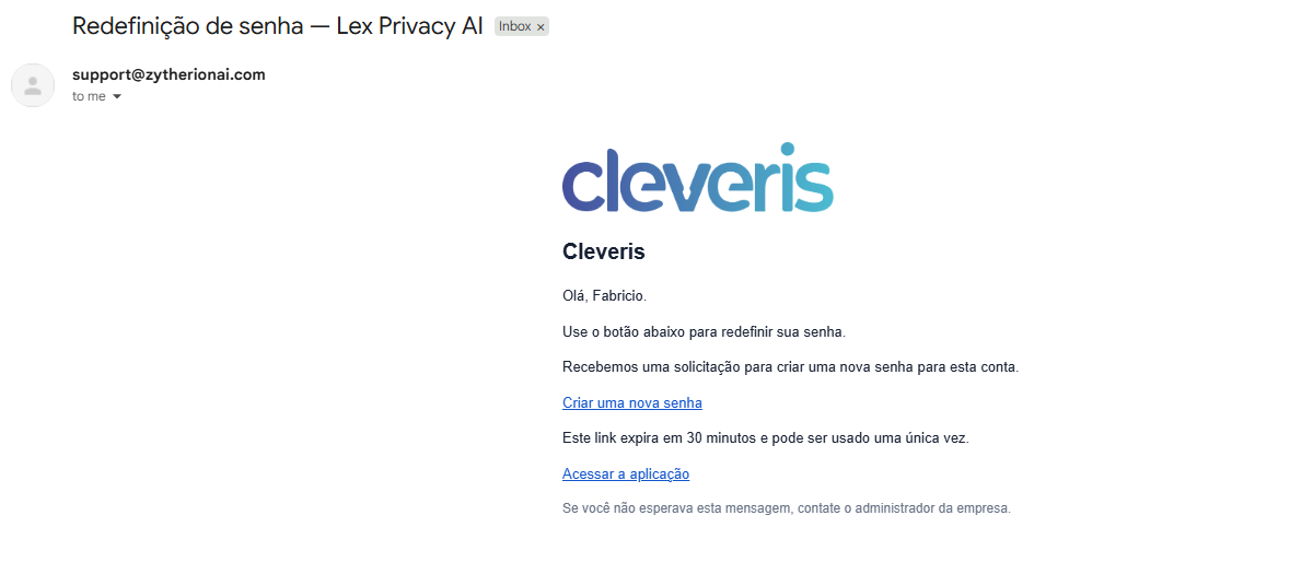 E-mail da Lex Privacy AI com instruções para redefinição da senha