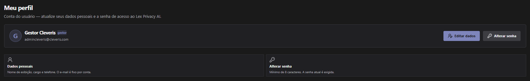 Tela Meu Perfil com dados pessoais e área para alteração de senha